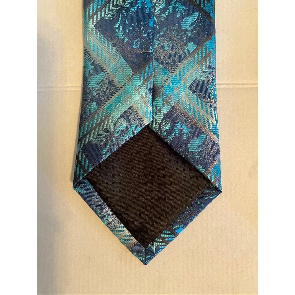 Stacy Adams Men Tie Blue Teal Geometric Plaid Floral Jacquard Silk Blend Necktie